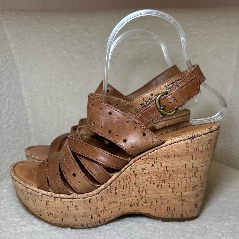 BORN brown leather‎ cork strappy wedge platform sandals bohemian summer cute 8